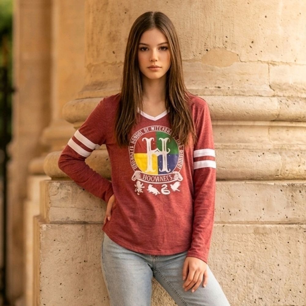 Harry Potter Hogwarts Long Sleeve V-Neck Ringer Tee M (7/9) Maroon Varsity Shirt